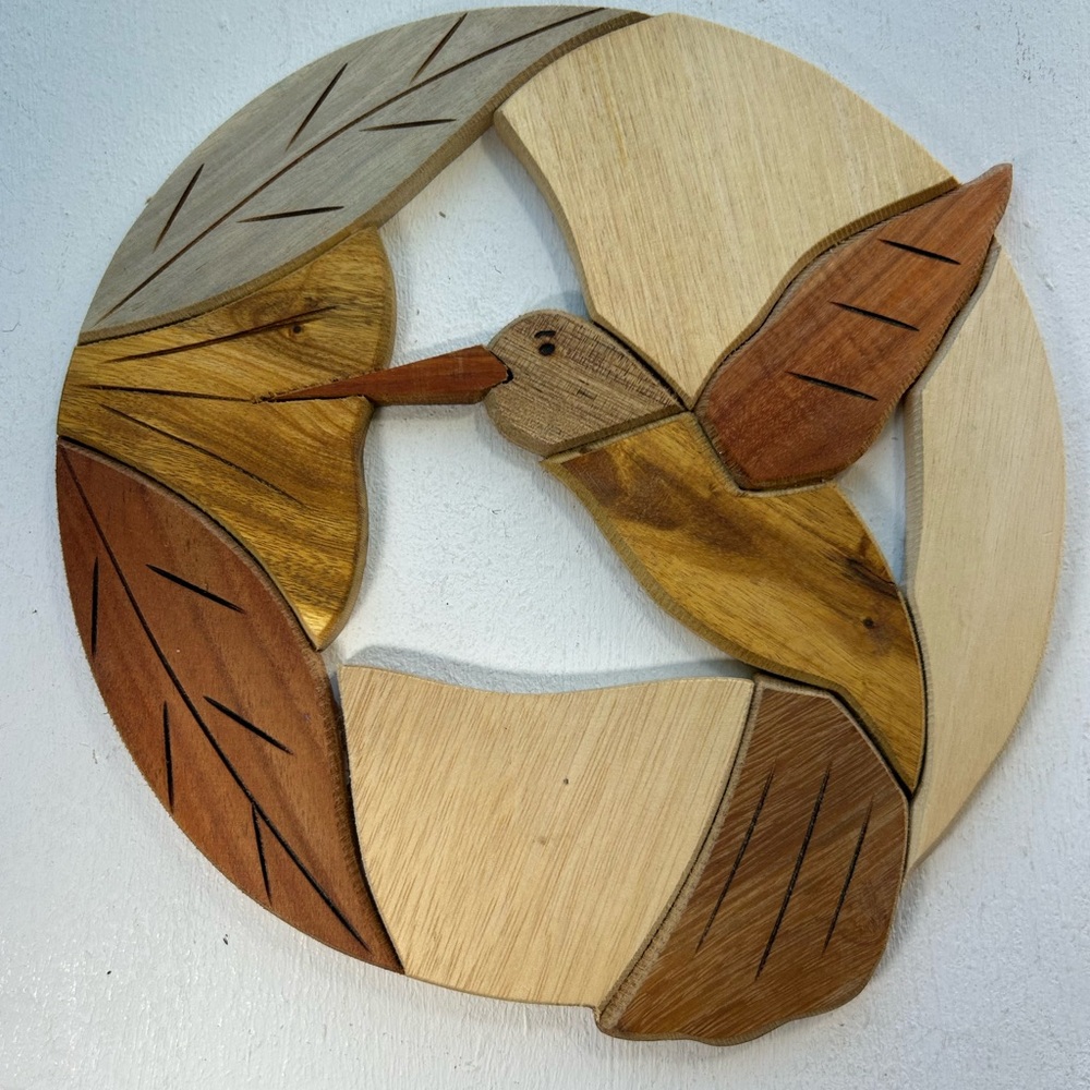 Intarsia Bird Wooden Hummingbird Wall Art Multi Color Pattern Marquetry 8 inch